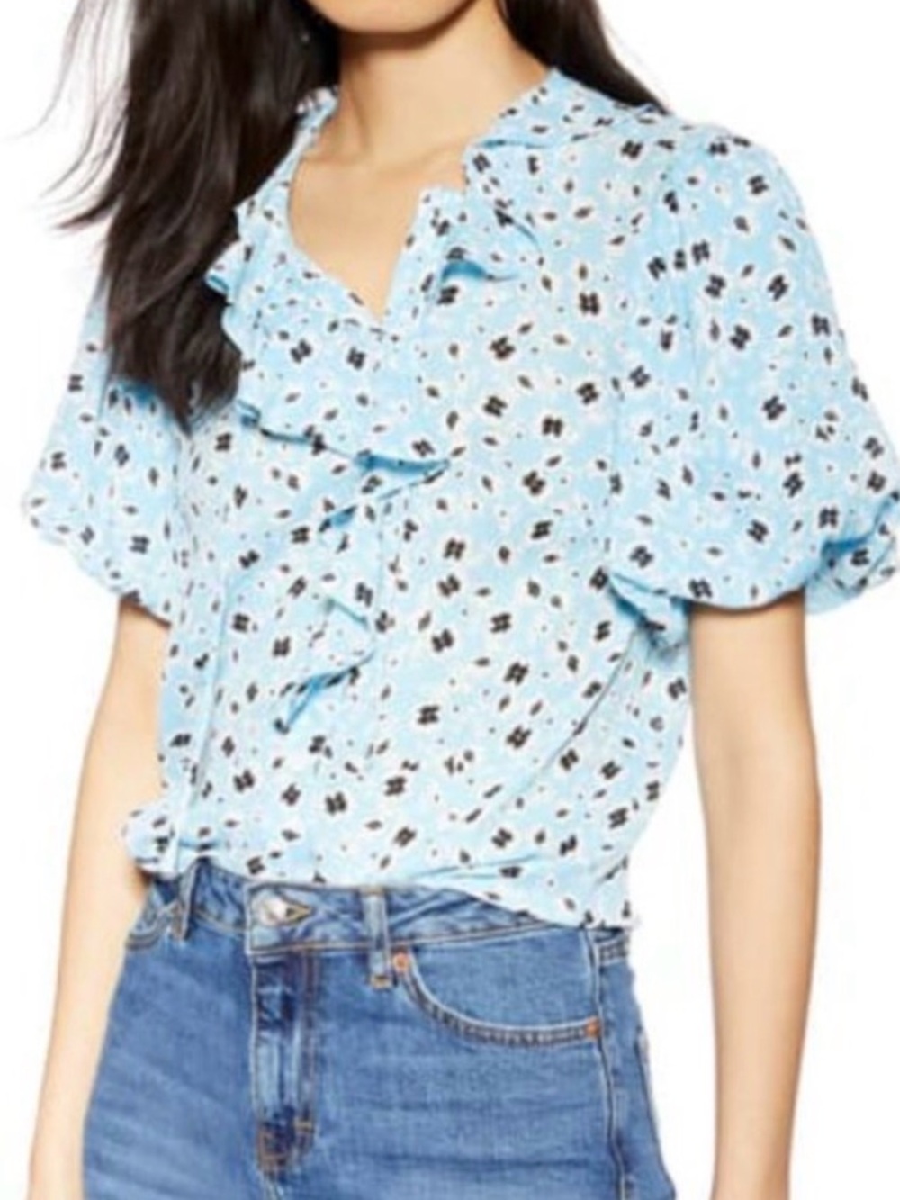 Topshop Light Blue Floral Ruffle Blouse - Women Sz 8